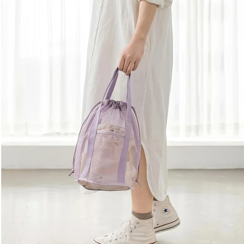Custom Logo Design Swim Travel Portable Polyester Hanging Foldable Makeup Toiletry Mesh Drawstring Bag