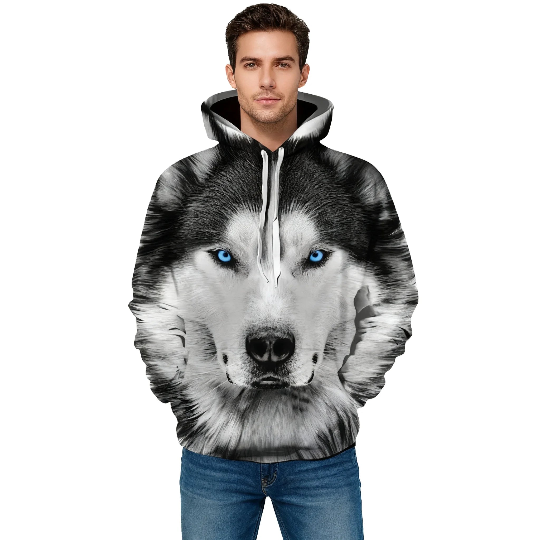 Fitspi 3D Wolf Print Hoodie Men Junior Loose Streetwear Funny Animal Hip Hop Sweatshirtrt