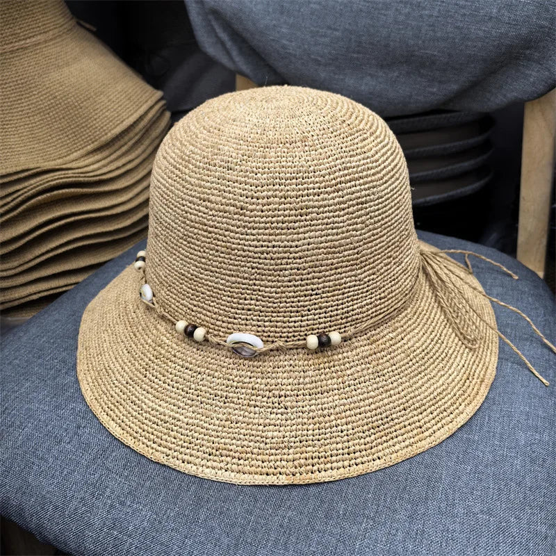 Summer New Women Outdoor Seaside Sunscreen Beach Sun Hat Shell Band Fashion Raffia Straw Bucket Hat