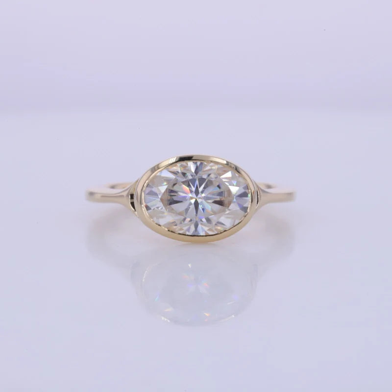 14k Yellow Gold 7*10mm 2carat D VS1 Oval Shape East - West Bezel Setting Wedding IGI Lab Grown Diamond Ring