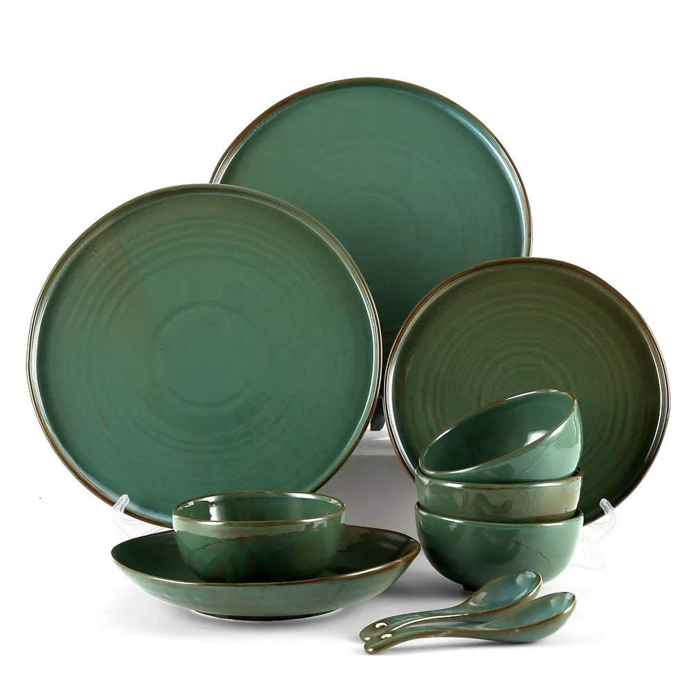 Factory Direct Wholesale Kitchen Irregular Reactive Green Ceramic Tableware Porcelain Dinner Plates and Bowls Sets Dinnerware