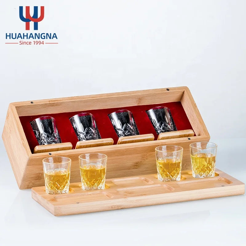Vintage 2oz 50ml Curved Shot Glass Set Transparent Bamboo Serving Tray with Gift Boxes for Sherry Cordial Liquor Tequila