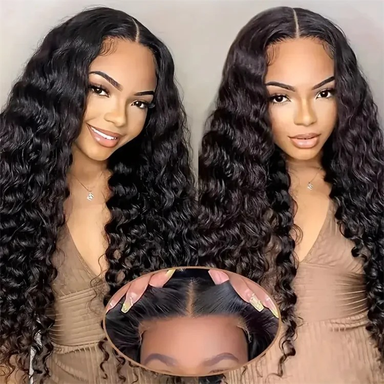 Glueless Lace Front Wigs Blend Human Hair Pre Plucked Pre Cut 200 Density Transparent for Lace Remy Virgin 28-36INCH Deep Wave