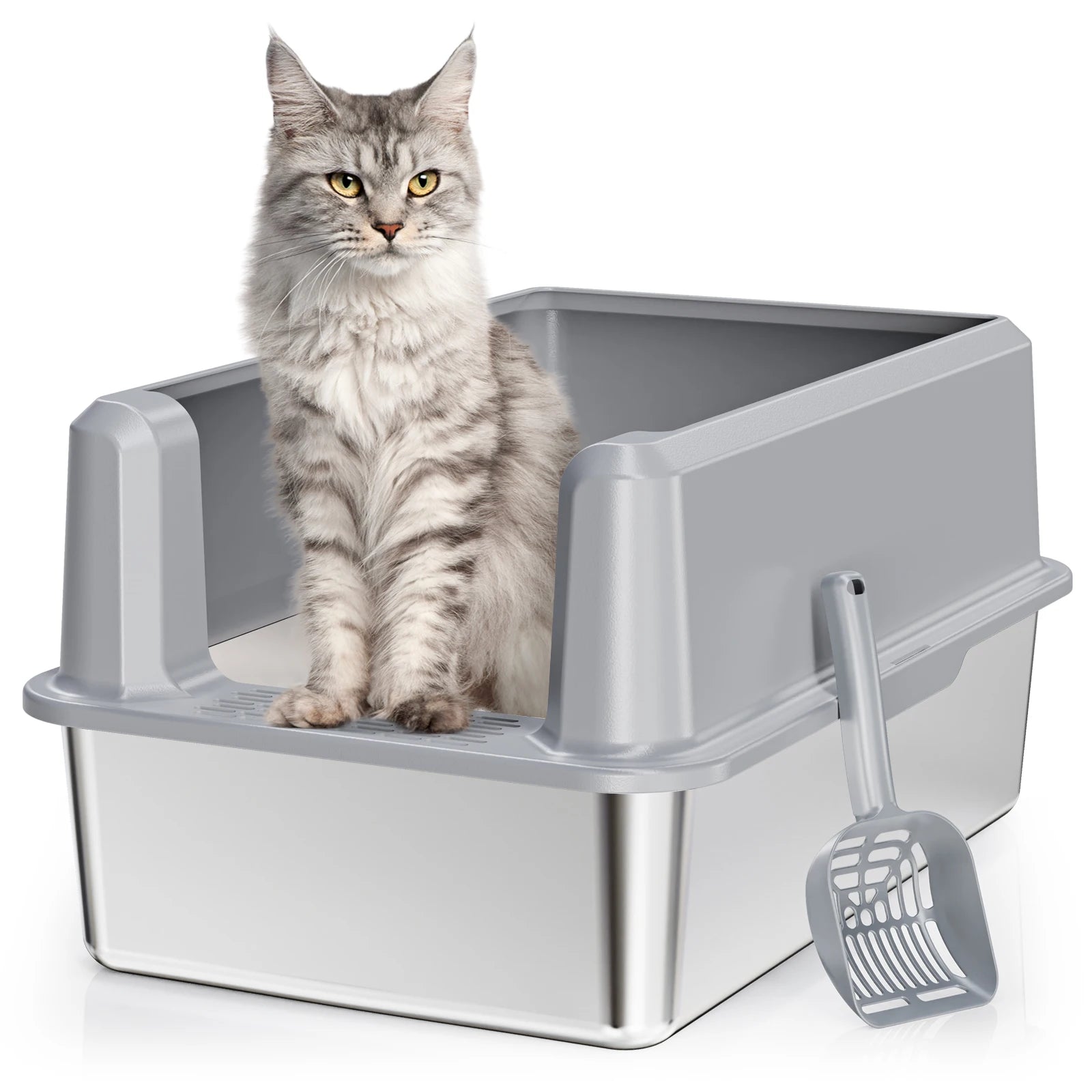 Extra Large Stainless Steel Kitty Litter Box with Lid and Scoop Easy to Clean  High Sides Metal Cat Toilet