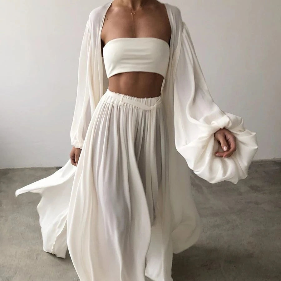 Enyami Elegant Chic Leisure Plus Size Matching Women Co Ords Fluffy Cuffs Cardigan Tube Top Trousers Casual 3 Piece Sets