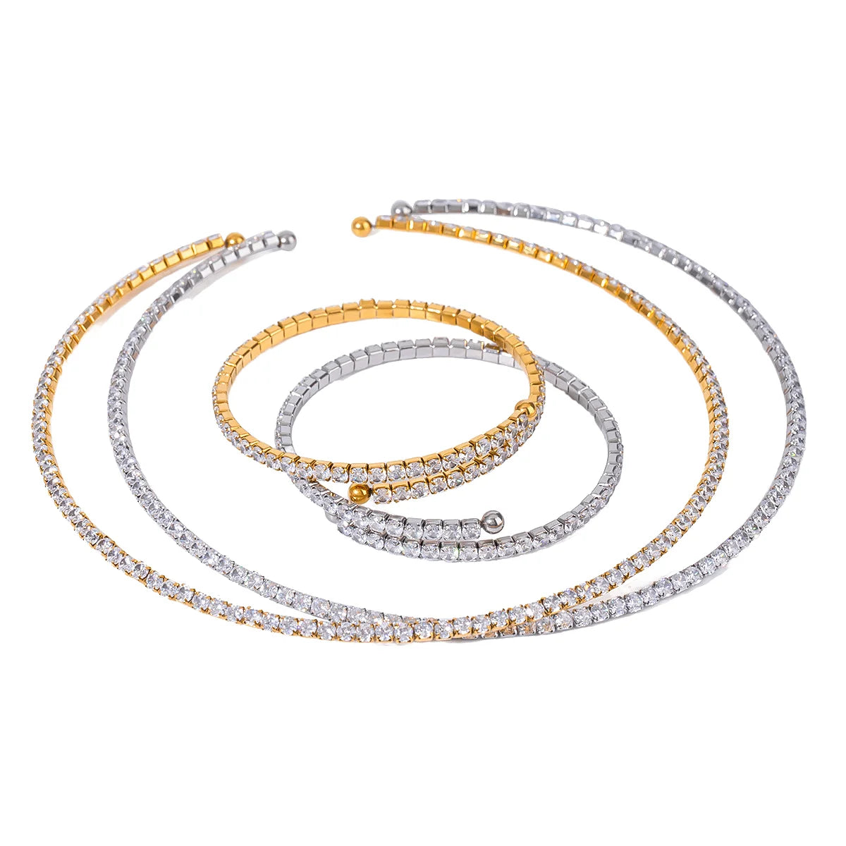 Vintage 18K Pvd Gold Plating Stainless Steel White Zircon Collar Choker Bracelet Set Fashion Jewelry for Women Gift Idea