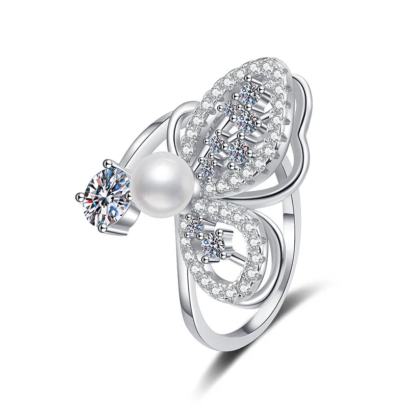 925 Sterling Silver Premium Pearl Butterfly Adjustable Ring Elegant Pearl Rings for Women