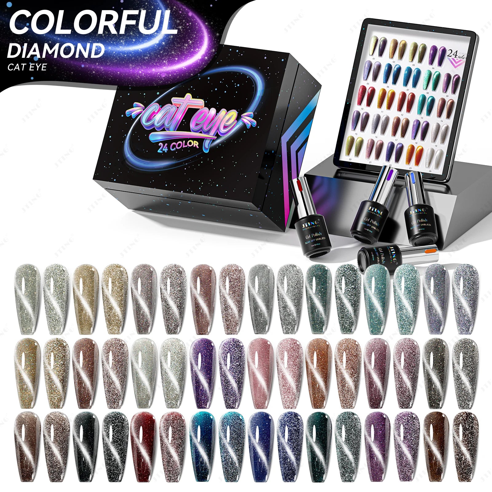 JTING Popular Selling 24colors Reflective Disco Cat Eye Gel Polish Collection Set Box High Shiny Quality Cat Eye Gel Nail Polish