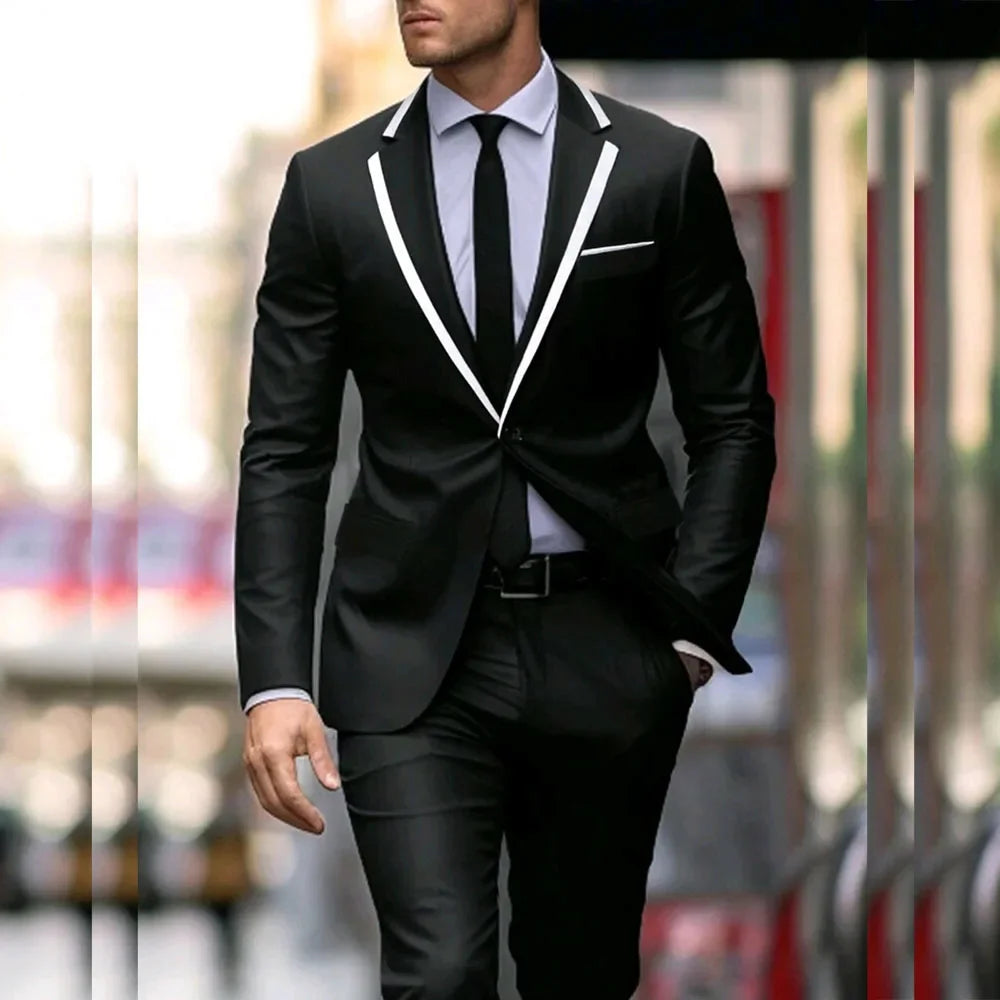 Elegant Black Men's Suits 2 Piece Jacket Pants Sets Solid Color Notch Lapel Single Breasted Male Clothing Wedding Tuxedos Blazer