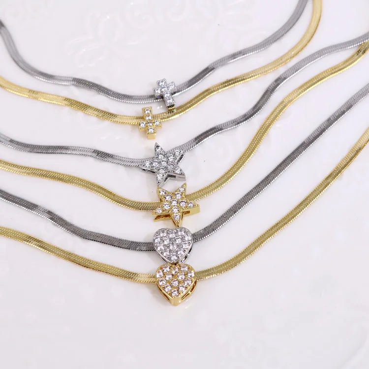 NS1249 Dainty Chic Gold Plated Snake Herringbone Chain with CZ Paved Heart Star Cross Slider Charm Necklace for Ladies Women