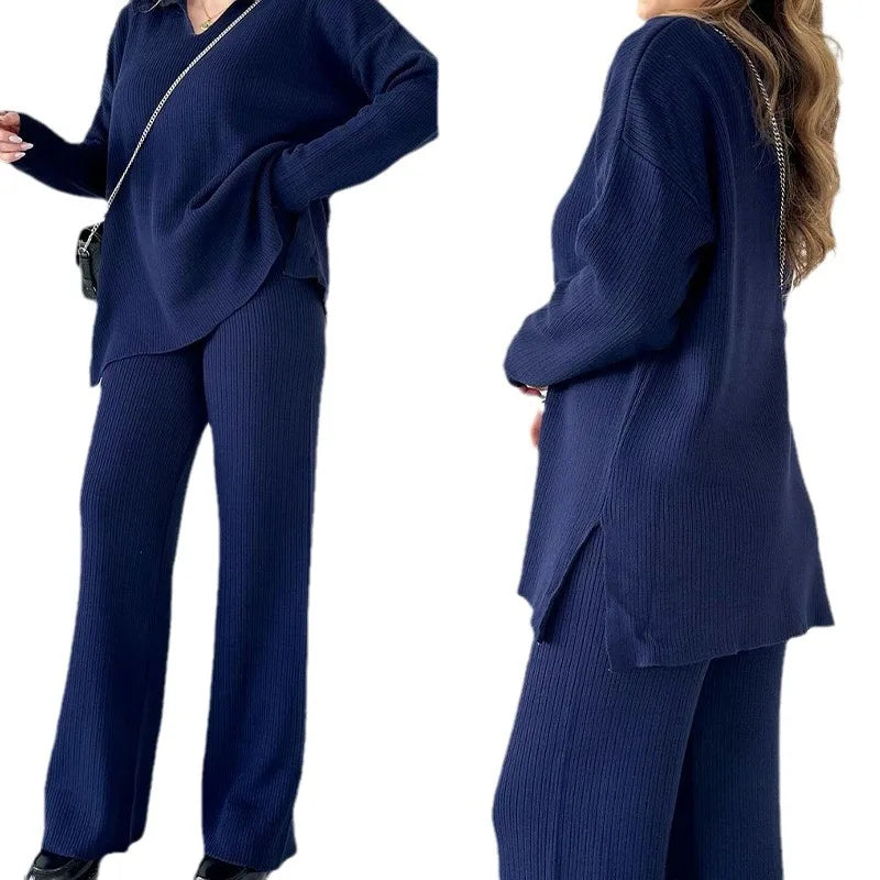Autumn Vintage Women's Two-Piece Set New European American Cross-Border Fashion Solid Color V-Neck Split Sweater With Loose Hem