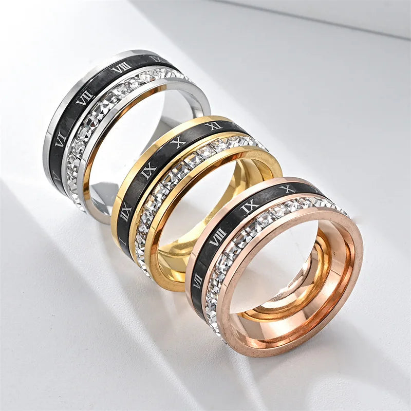 2025 New China Wholesale Hip Hop Fashion Jewelry for Men Crystal Rhinestone Beaded 8mm Black Roman Numeral Stainless Steel Ring