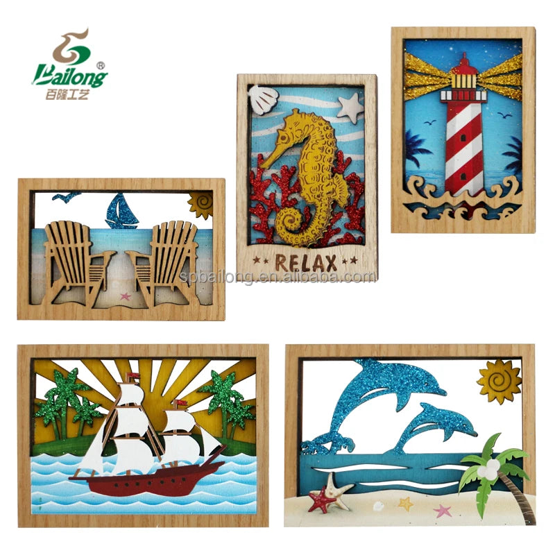 Custom Logo Laser Cut Printed Beach Ocean Scene Layered Wood Ornaments Painted Wood Craft Fridge Magnet