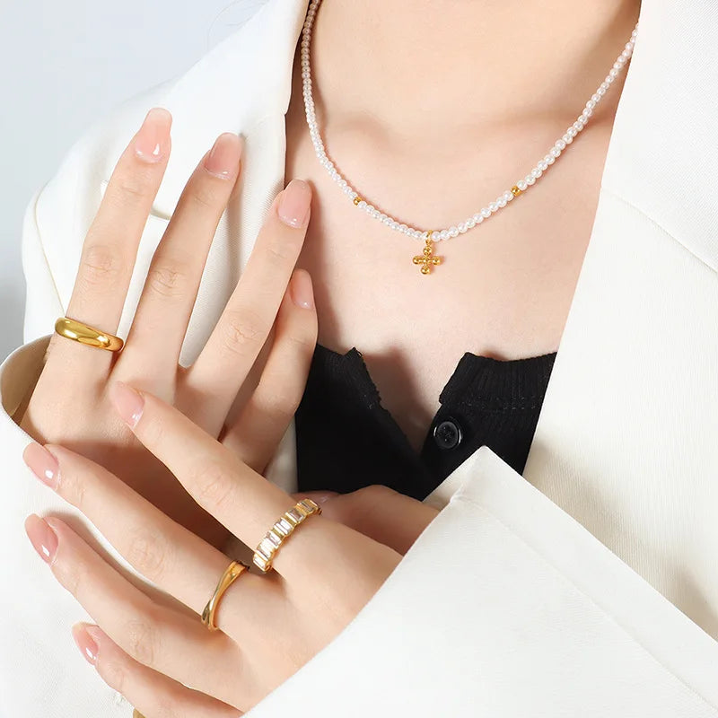 Stainless Steel 18K Gold Plated Freshwater Pearl Glass Stone Bead Chain Flower Cross Pendant Necklace for Party