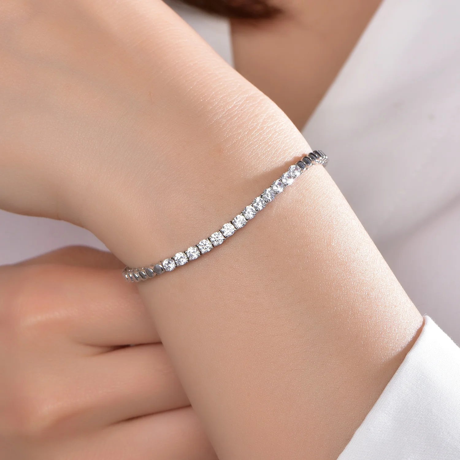 Kirin Rhodium Plating Classic Tennis Bracelet Women 3mm Cubic Zirconia 925 Sterling Silver Bracelet