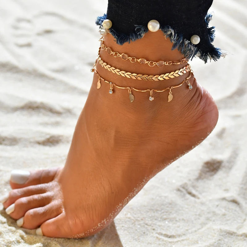 HOVANCI Fashion Anklets Foot Jewelry Gold Plated Three Multi-layer Chain Ankle Bracelet Beach 14k Gold Anklets for Women