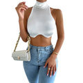 Brand Designers New Trend Back Zipper Cropped Vest Women White Off Shoulder Round Neck Top