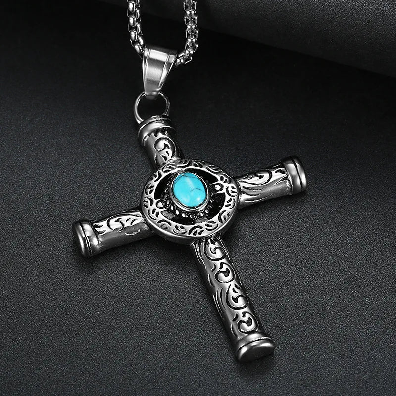 Fahion Minimalist Jewelry Necklaces Stainless Steel Turquoise Brown Tiger Eye Stone Cross Pendant Necklaces With Box Chain
