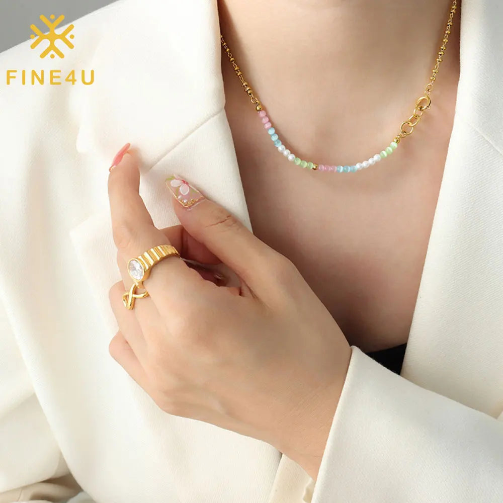 Latest Design Fashion Bohemian Jewelry Imitation Pearl  Opal Stone Colored Stainless Steel Summer Bead Necklace