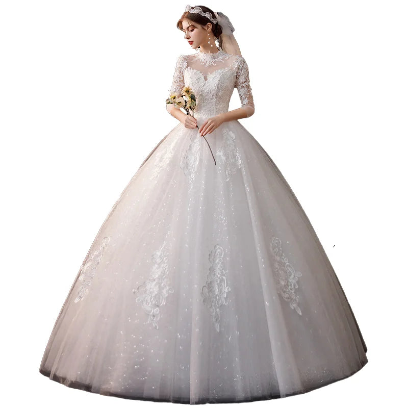 Korean-Style Spring & Summer Ball Gown Wedding Dresses Plus Sizes with Horn Sleeves & Lace Floor-Length for Marriage & Party