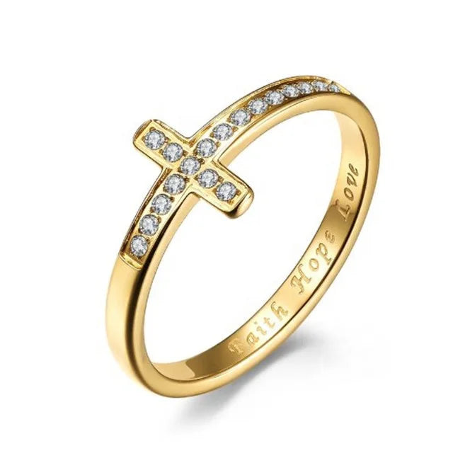 Yiwu Aceon Women's Religious Sideways Stone Cross Ring Faith Hope Love Engraved Narrow Stackable Zirconia Rose Gold for Parties