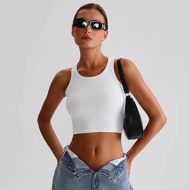 Women's Sleeveless High Neck Crop Tops Cute Racerback Summer Workout Clothes Cropped Tank Tops Seamless Feature for Teen Girls