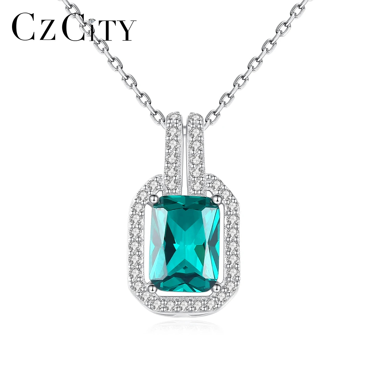925 Sterling Silver Necklace with Radiant Cut Pendant Simulated Emerald Gemstone 18inch Silver Link Chain for Women Jewelry