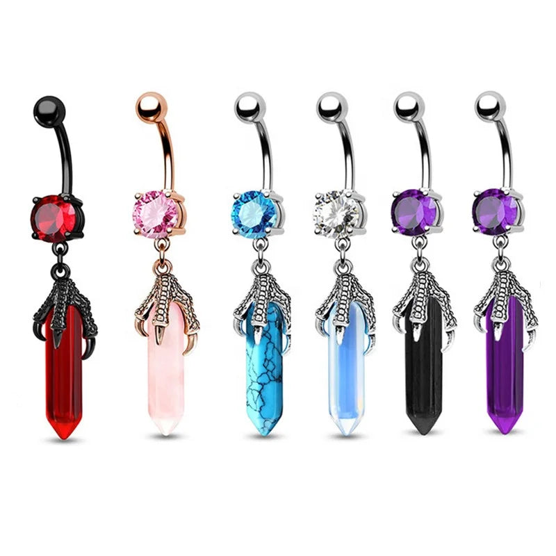 New Design Hexagonal Prisms Crystal Natural Stone Belly Button Rings Water Proof Hanging Dragon Claw Navel Rings