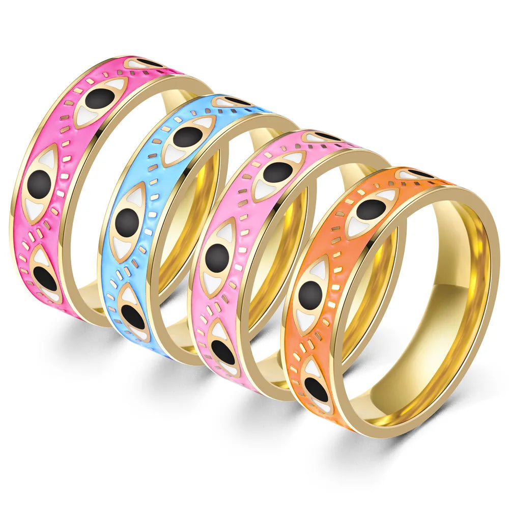 OEM Anillos De Acero Inoxidable Al Mayor Gold Plated New Pink Blue Enamel Stainless Steel Eyes Rings