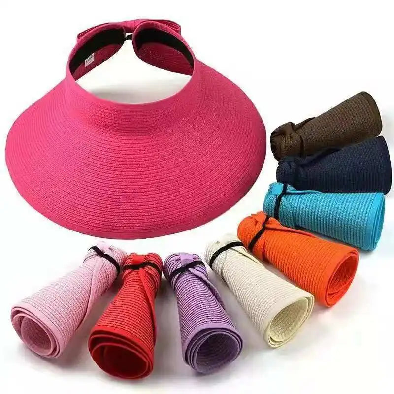 Summer Foldable Open Top Straw Sun Hat Bowknot Back Adjustable Breathable UV-Protection Wide Brim Beach Visor Hats
