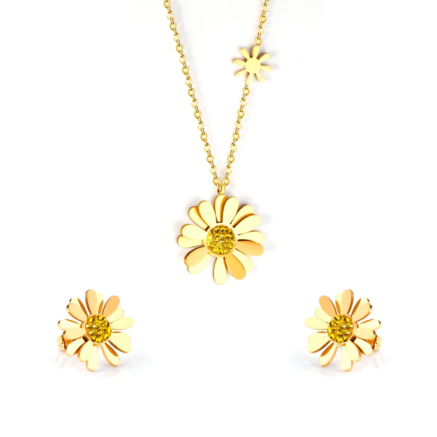 Fashion Wholesale Stainless Steel Jewelry Trendy Earrings and Pendant Necklace 18K Gold Plated Flower Jewelry Sets for Women