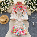 Retro Bohemian Knit Suit Women's Summer Top  Mesh Sunblock Shirt  Wide Leg Strap-up Pants
