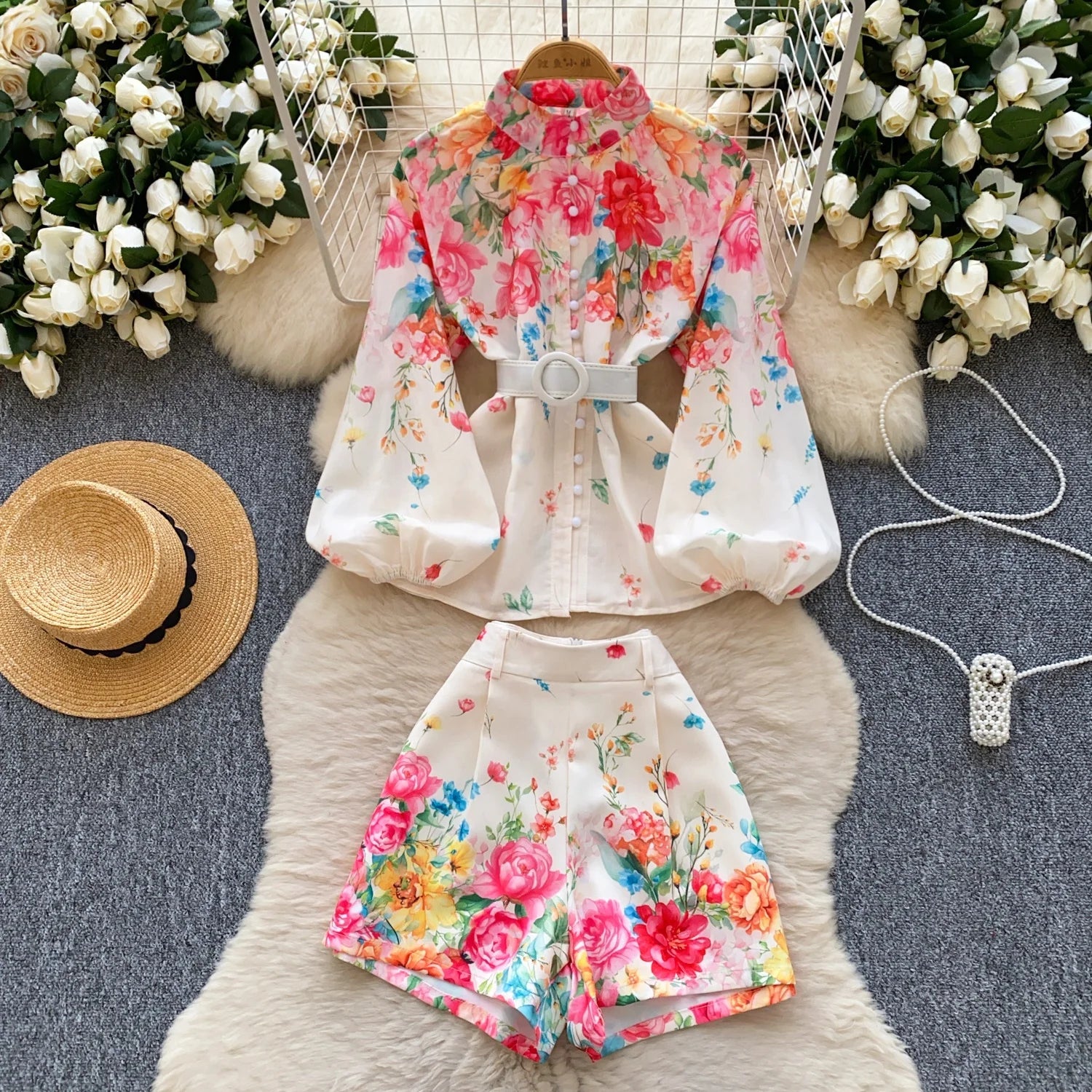 Retro Bohemian Knit Suit Women's Summer Top  Mesh Sunblock Shirt  Wide Leg Strap-up Pants