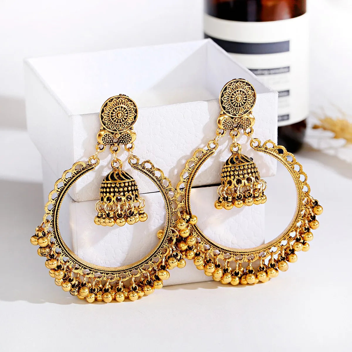 Ethnic Style Vintage Bohemian Earrings Gold Color Alloy Ring Pendant Sun Flower Carved Pattern Beads Tassel Earring 2021 Jewelry