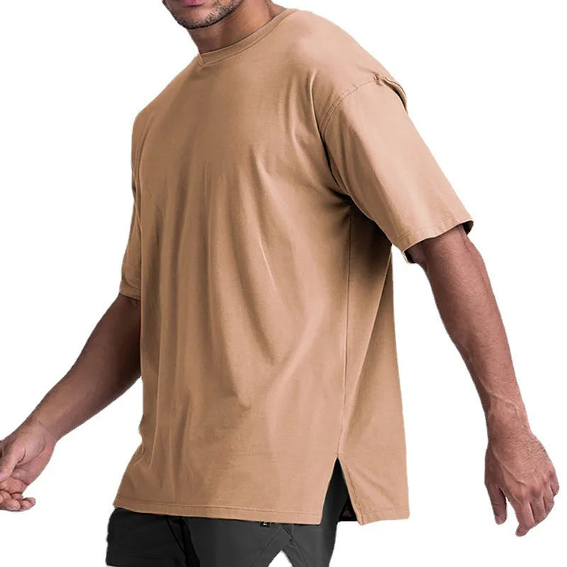 RNSHANGER Summer Solid Color Short Sleeve T-Shirt Men Fashion Round Neck Tees Bodybuilding Running Cotton Loose Sport T-Shirt