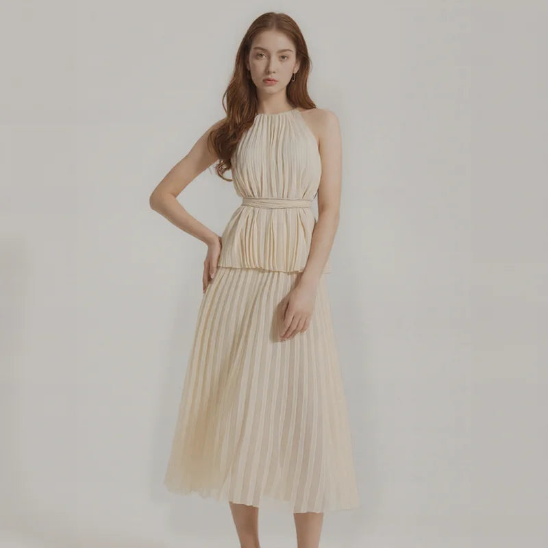 Dresses Women Pleated Sleeveless Dress With Ruched Waist Romantic for Office Evening Party Versatile Outfits
