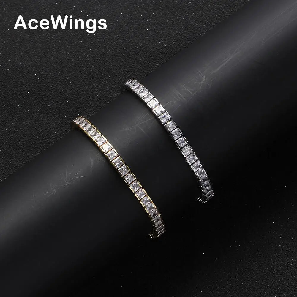 BB108 6mm 4*4mm square Stone Brass Zircon Tennis Chain Bracelet Hip Hop Jewelry Gold Silver CZ Bracelet Iced Out