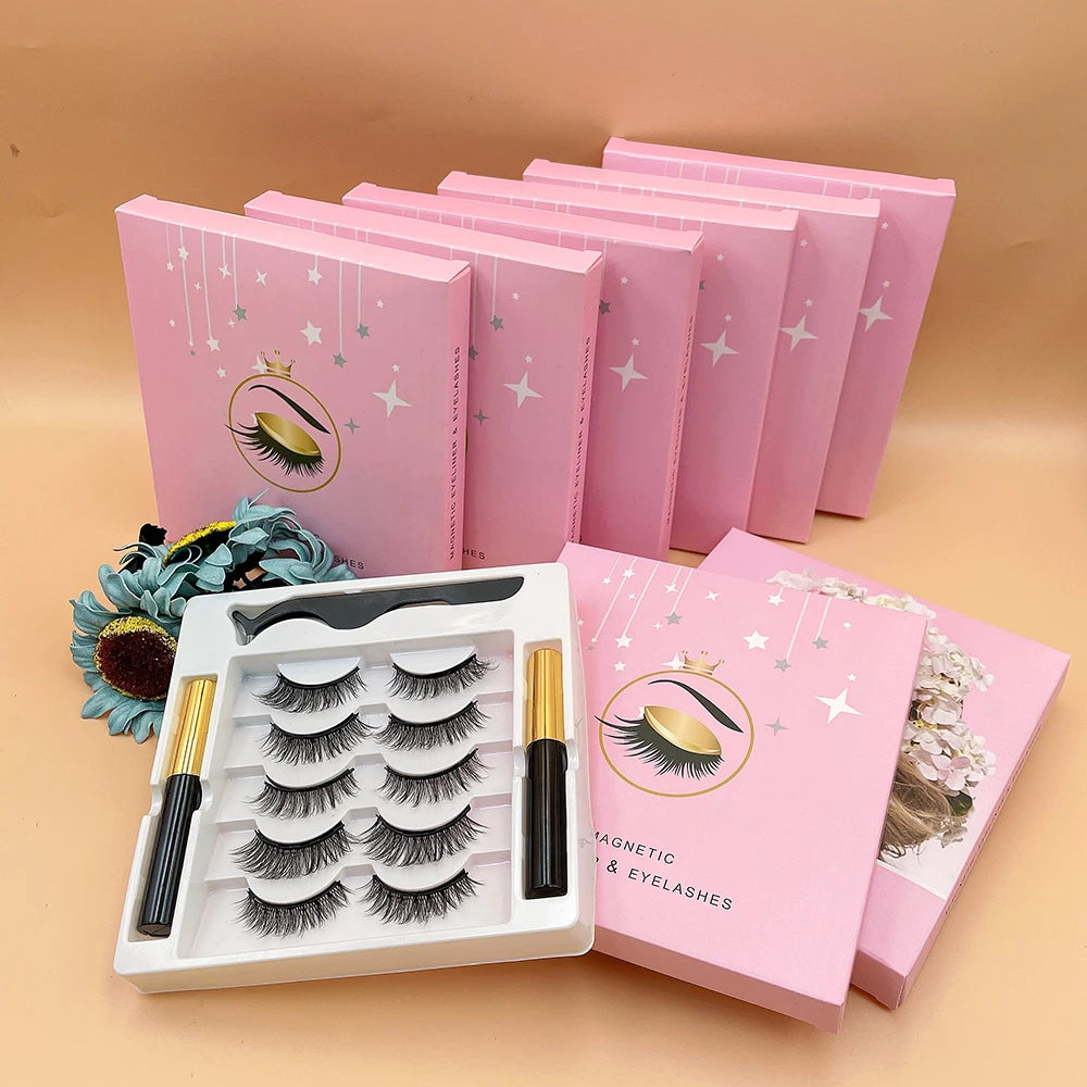 Factory Wholseasle False Magnetic Eyelashes3pairs 5pairs 10pairs 5 Magnetic Lashes Set With Eye Magnetic Liner Eyelash Vendor