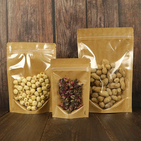 Factory-Spot Reusable Brown Kraft Paper Gravure Printed Stand-Up Pouch Recyclable Nut Packaging Bag Food Coffee Tea Sugar Clear