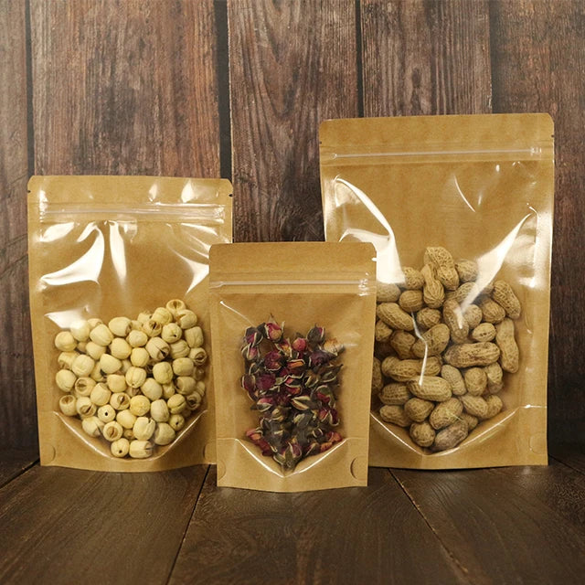 Factory-Spot Reusable Brown Kraft Paper Gravure Printed Stand-Up Pouch Recyclable Nut Packaging Bag Food Coffee Tea Sugar Clear
