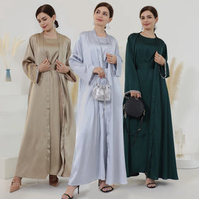 Modest Beading Open Abaya Satin Ramadan Dubai Robe Musulmane Turkey Kaftan Islamic Clothing Muslim Women Kimono Caftan Cardigan