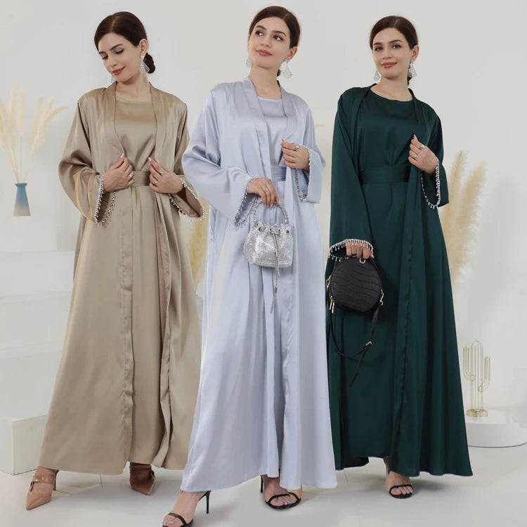 Modest Beading Open Abaya Satin Ramadan Dubai Robe Musulmane Turkey Kaftan Islamic Clothing Muslim Women Kimono Caftan Cardigan