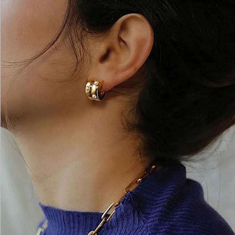 New Arrival Stainless Steel Pearl Cuff C Shape Hoop Earrings
