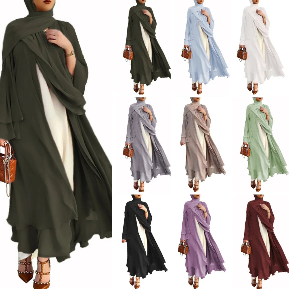 High Quality Islamic Muslim Women Open Abaya Hijab Set Modest Solid Color Summer Chiffon Abaya Women Muslim Dress With Hijab