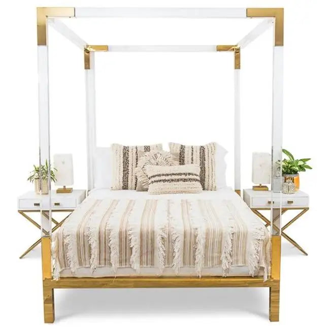 Modern OEM Full-Size Golden Luxury Stainless Steel Bed Frame Queen King Size Clear Acrylic Bed with Wood Panel Style