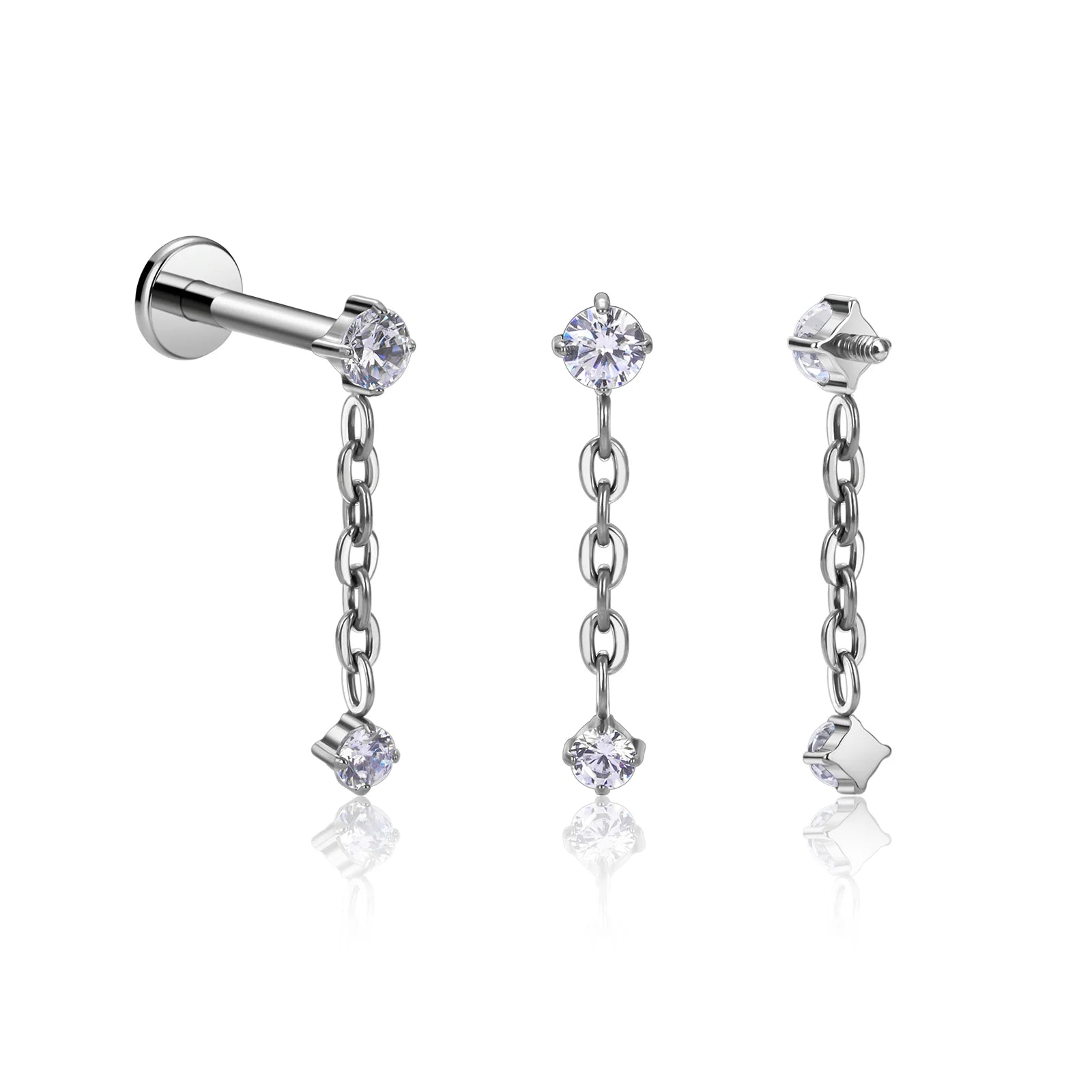 G23 Titanium  Internally Threaded  Zircon with Chain Ear Stud Helix Cartilage Tragus Body Piercing Jewelry