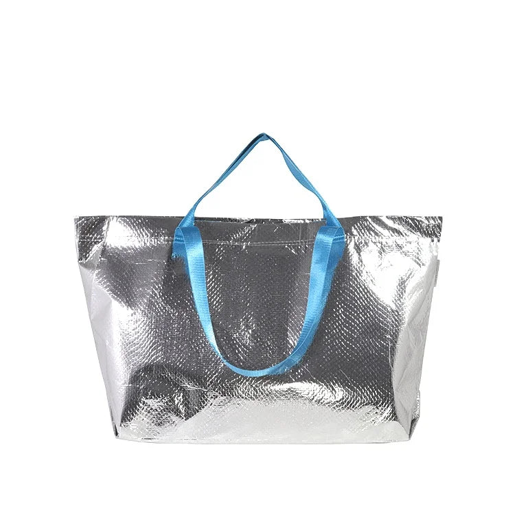 Extra Large Reusable Silver Beach Tote Bag with Custom Logo RPET Handle Recycled Metallic Shopping Bag Stylish Folding