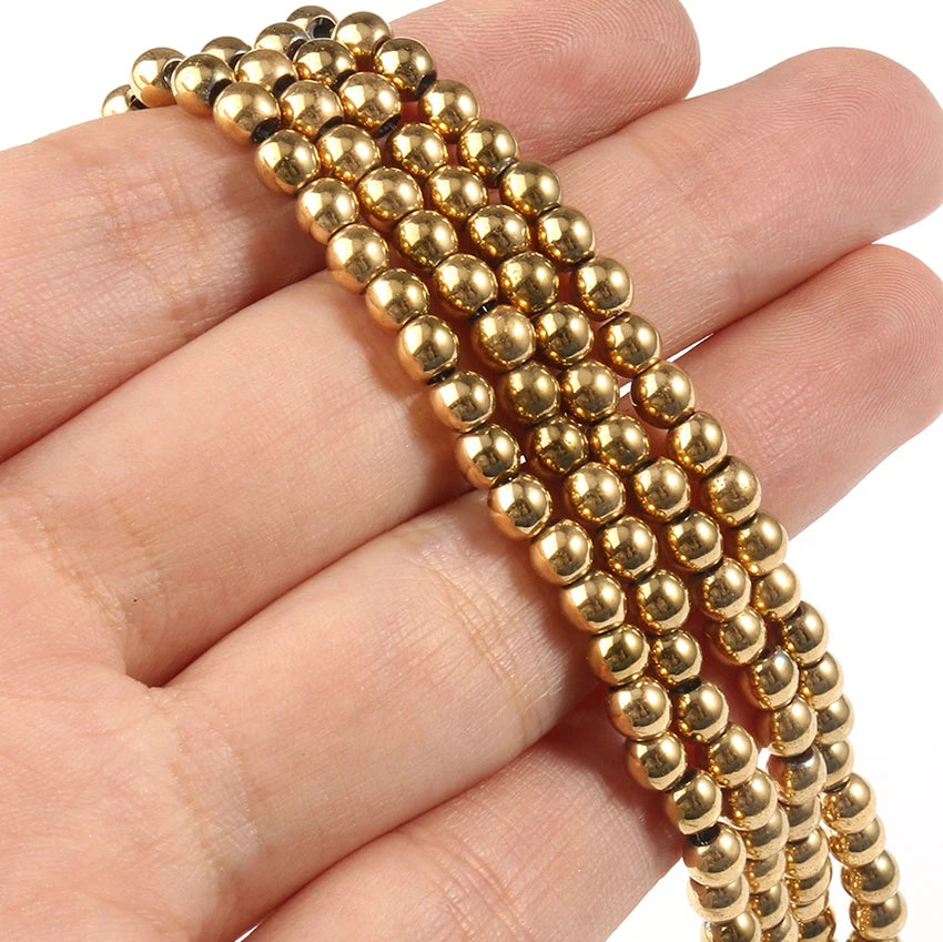 DIY Jewelry Accessories 4MM Real Gold Plated Round Hematite Stone Beads for Bracelet Making