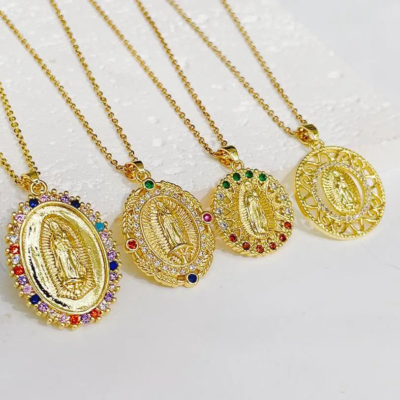 Sweater Necklace Zircon Brass-plated Gold Virgin Mary Pendant Necklace Titanium Steel Chain Jewelry