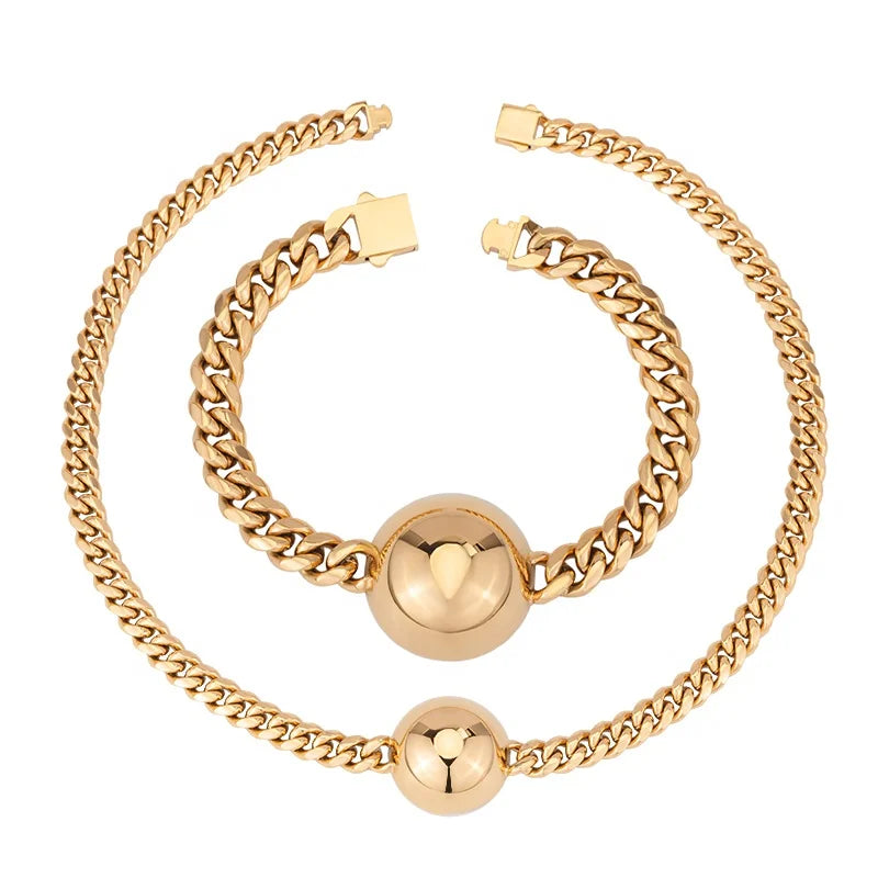 New Design 18k Gold Plated Ball Pendant Cuban Chain Bracelet Necklace Fashion Stainless Steel Jewelry Set for Women